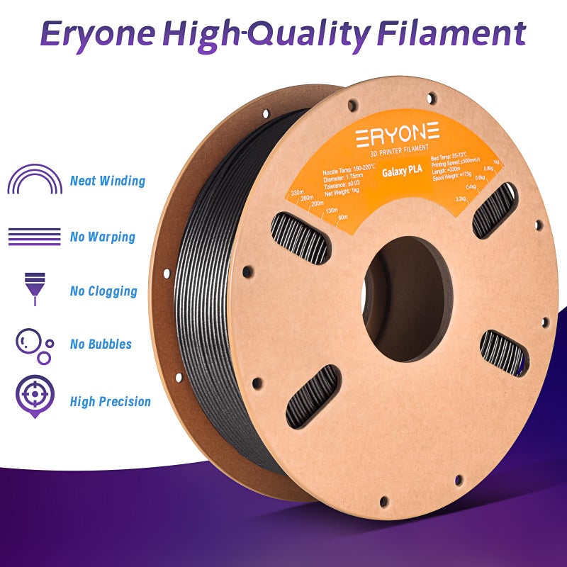 ERYONE Galaxy PLA 3D Printer Filament, Sparkle Glitter PLA, 1.75mm +/-0.03mm, 1kg(2.2LBS)/Spool, Christmas Filament, Galaxy Black - Image 3